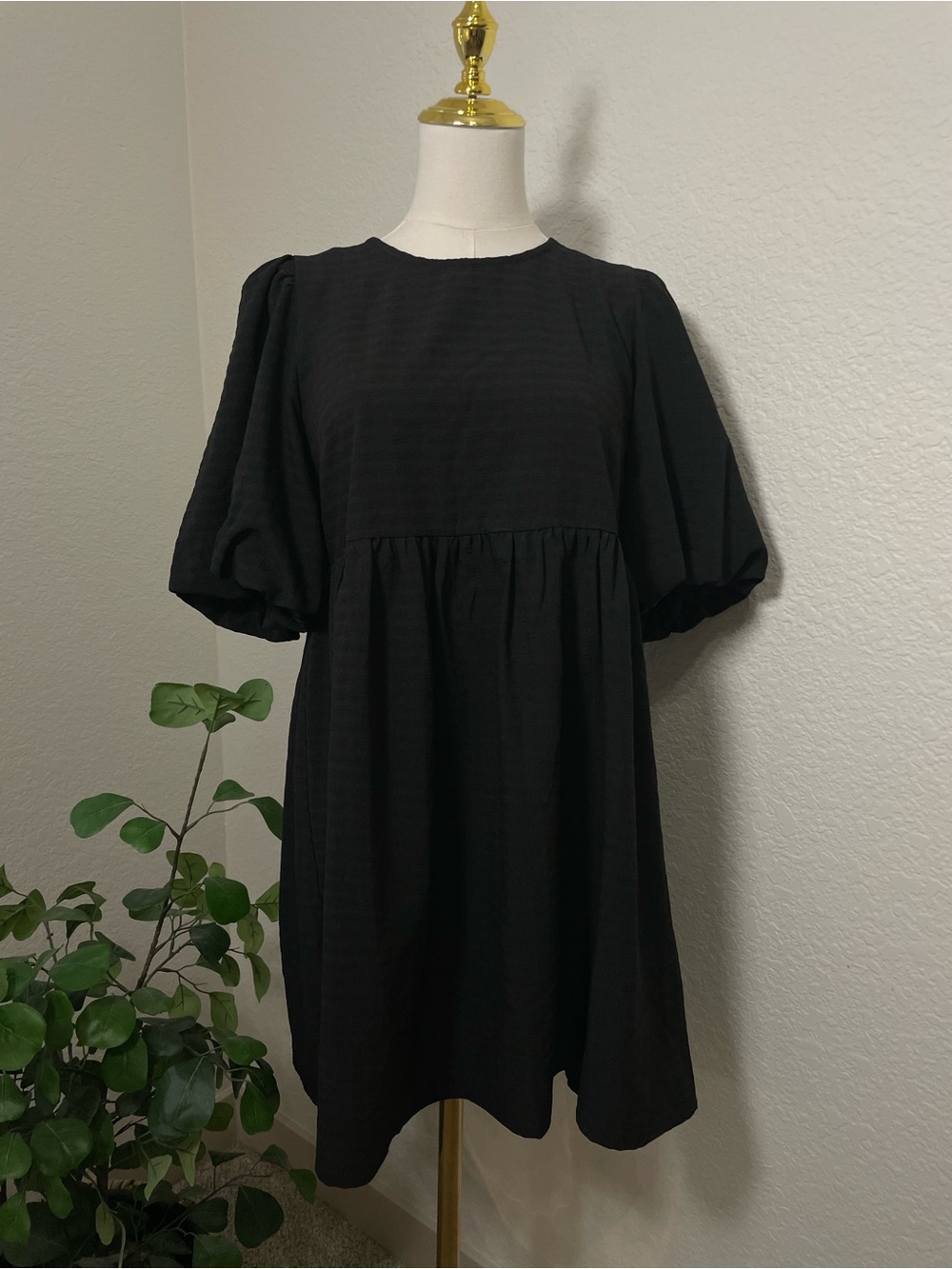 Mable Black Babydoll Dress Medium Puff Sleeve Mini Casual